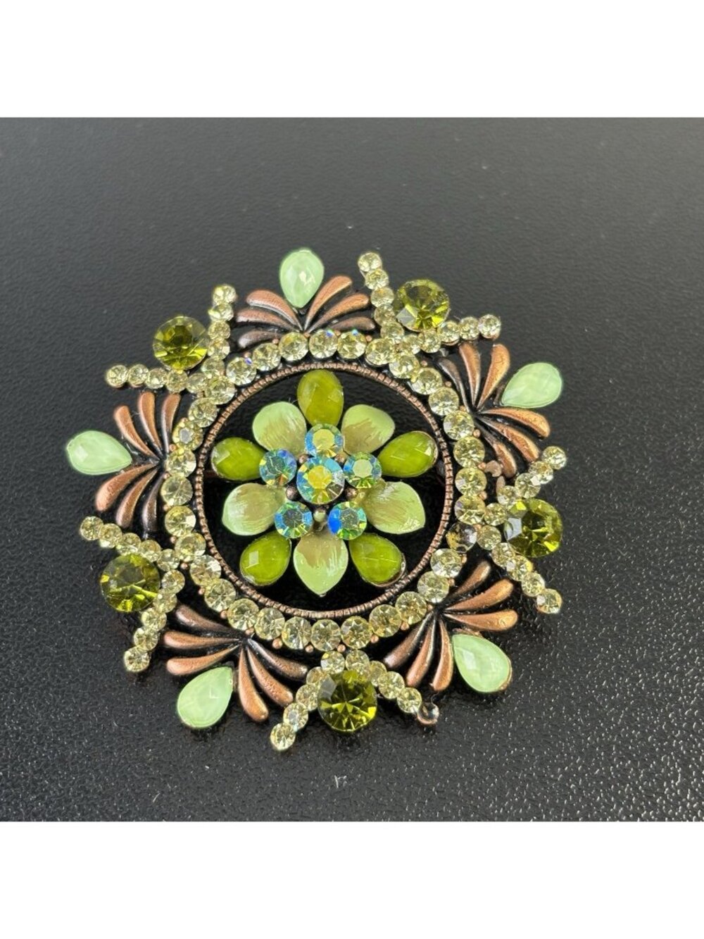 Vintage Green Yellow Floral Brooch Pin Starburst Design 1 3/4"